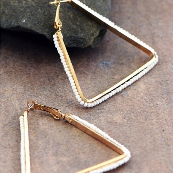 White Beaded Triangle Hoop Earrings | Bold Geometric Statement Jewelry | NWT - Picture 3 of 9